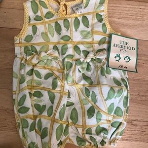 The Avery Kid Green Leaf Print Baby Romper - Yellow Trim